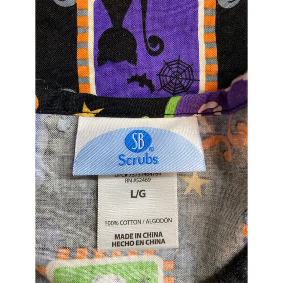 SB Scrubs Halloween Print Top L Witch Skeleton Cat Bat Pumpkin Nurse Shirt - Picture 4 of 8